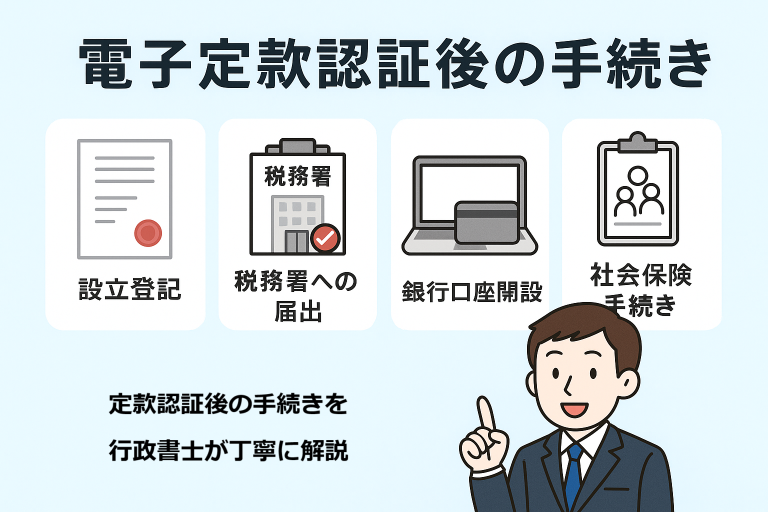 会社設立に必要な「電子定款認証後の手続き」を解説する日本語インフォグラフィック。設立登記、税務署への届出、銀行口座開設、社会保険手続きの流れをアイコン付きで紹介し、行政書士風の人物が案内する構成。