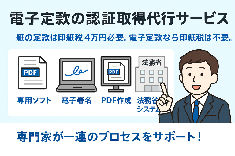 電子定款の認証取得代行サービスを紹介する日本語インフォグラフィック。紙の定款では印紙税4万円が必要だが、電子定款なら不要であることを説明し、専用ソフト・電子署名・PDF作成・法務省システムとの連携といった手続きの流れをアイコンで視覚的に示し、行政書士がサポートする様子をイラストで表現。