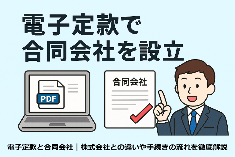 電子定款を活用して合同会社を設立する様子を表現した日本語インフォグラフィック。PDF形式の定款と「合同会社」と書かれた書類のイラスト、説明するスーツ姿の行政書士風人物が描かれており、「電子定款で合同会社を設立」のタイトル付き。